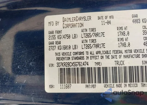 2005 Dodge Ram 2500 Slt/Laramie from USA, damaged, VIN 3D7KR28CX5G761474